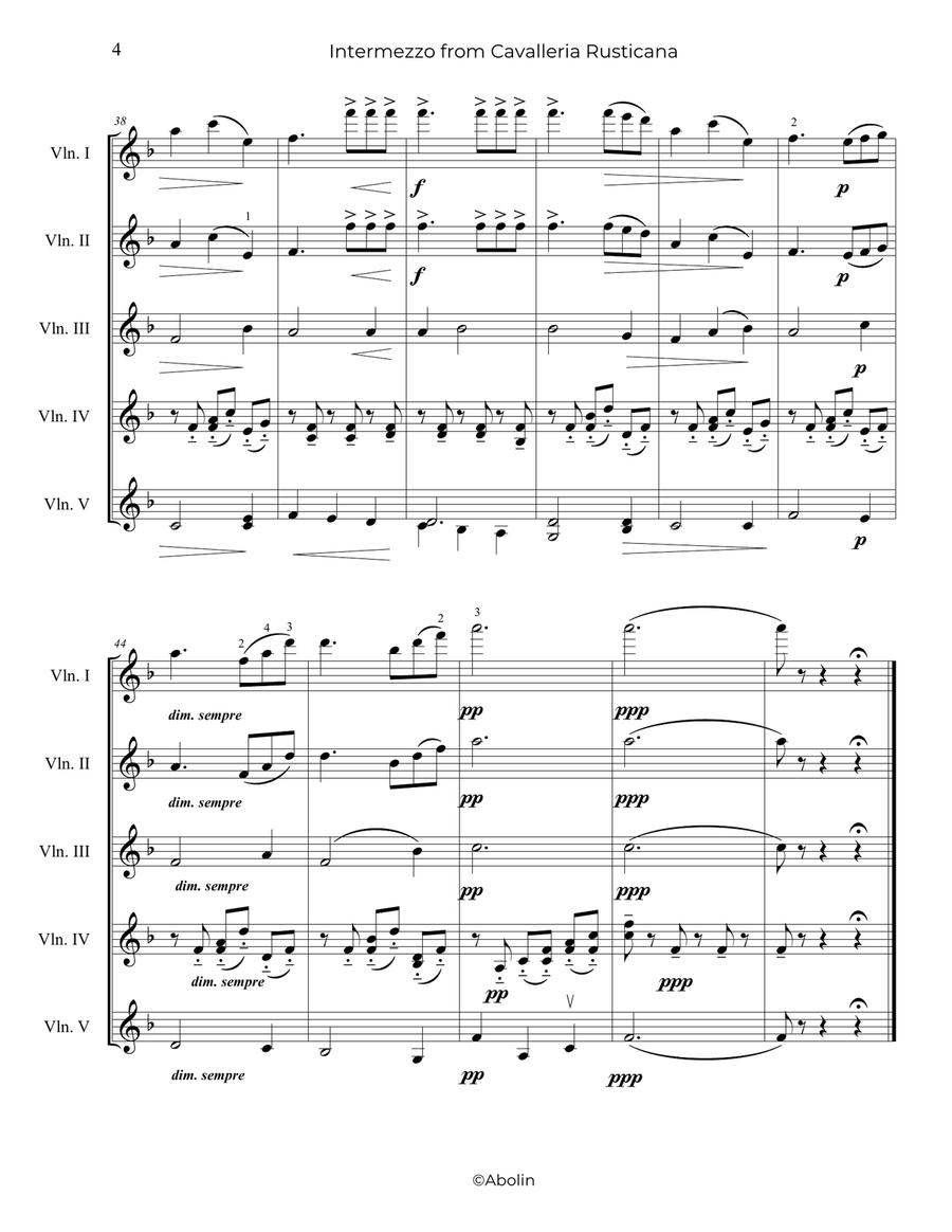 Mascagni: Intermezzo from Cavalleria Rusticana - 5 Violins Chamber Music scores gallery preview page 5