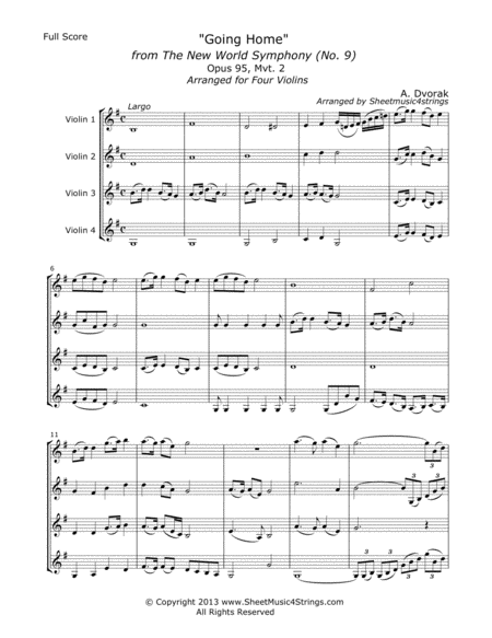 "Going Home" from the New World Symphony, Arranged for 4 Violins image number null