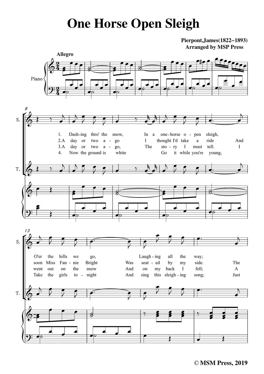 Pierpont-Jingle Bells(The One Horse Open Sleigh),in C Major,for Quatre Chorales 4-Part scores gallery preview page 3
