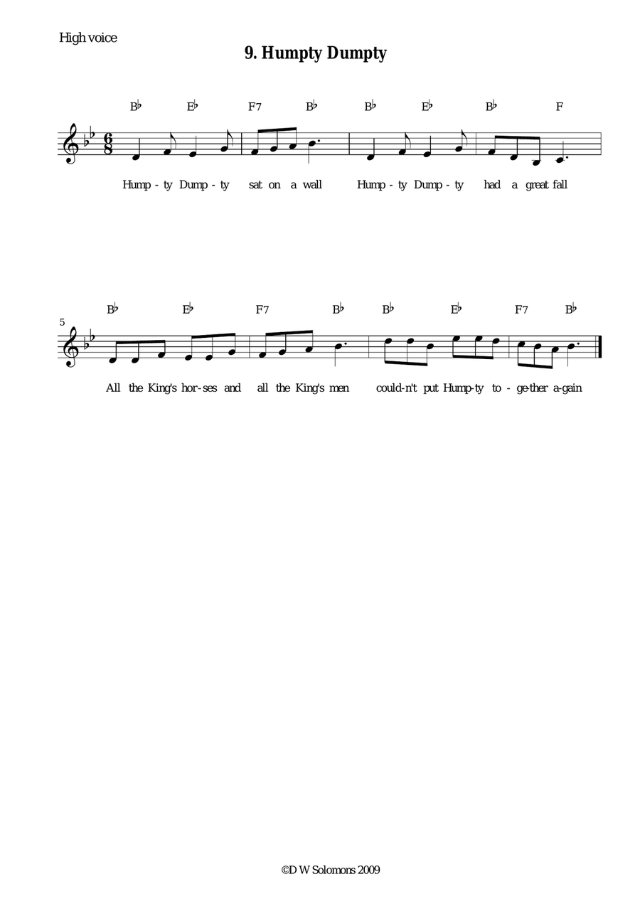 Humpty Dumpty arranged for high voice, medium voice or low voice with guitar chord accompaniments Acoustic Guitar scores gallery preview page 1