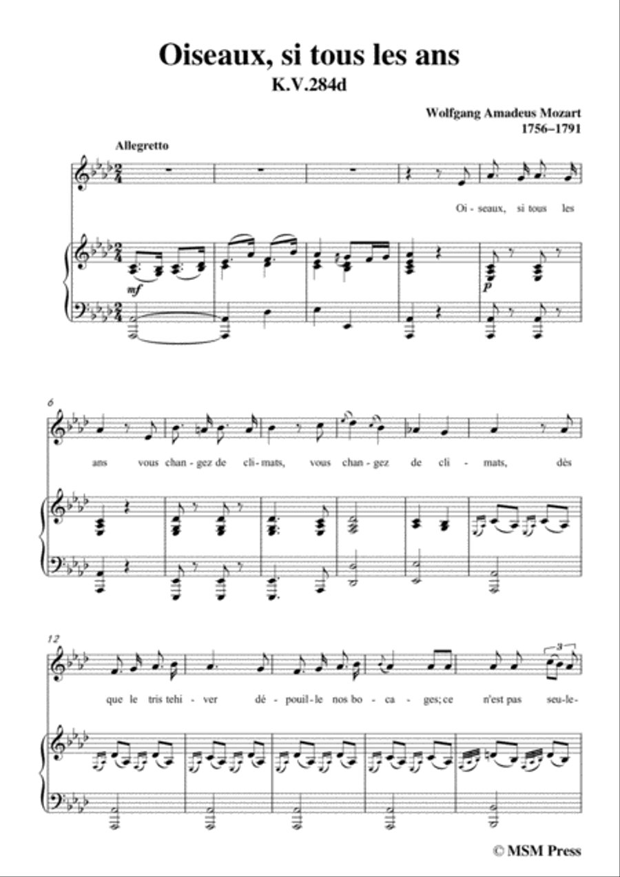 Mozart-Oiseaux,si tous les ans,in A flat Major,for Voice and Piano Voice Solo scores gallery preview page 3