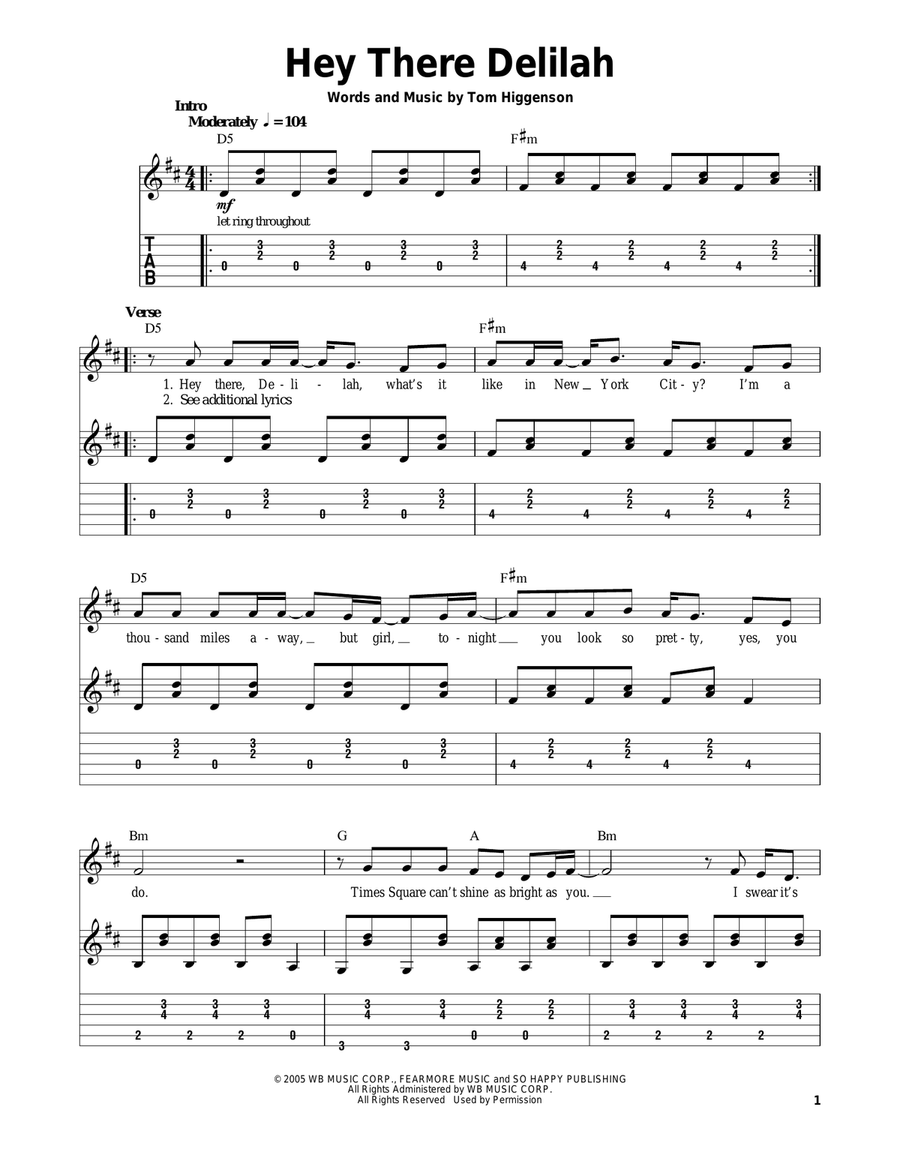 Hey There Delilah Acoustic Guitar scores gallery preview page 1