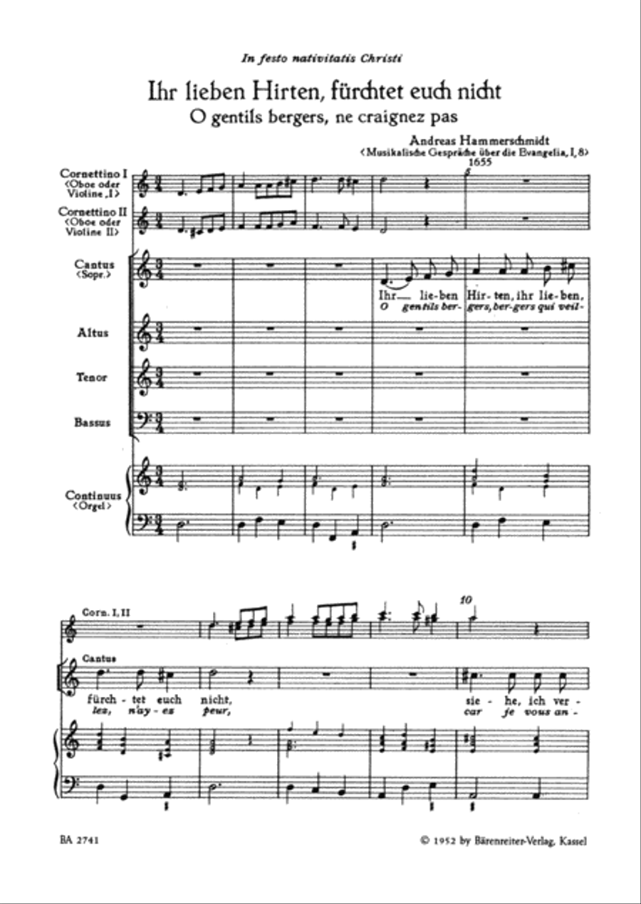 Ihr lieben Hirten, fürchtet euch nicht - O gentils bergers, ne craignez pas für 4 gemischte Stimmen, zwei Oboen (oder Violinen) und Generalbaß 4-Part scores gallery preview page 2