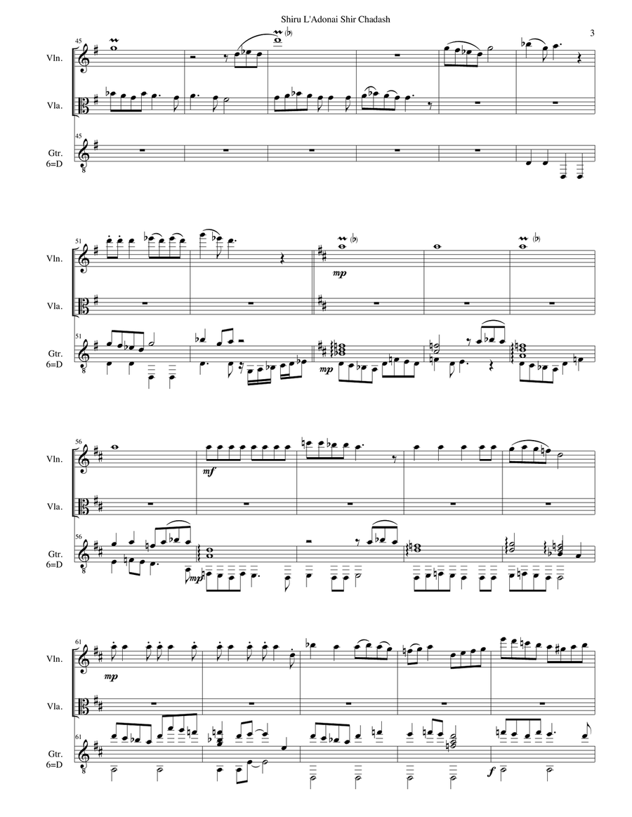 Shiru l'adonai shir chadash - O sing unto the Lord a new song violin, viola and guitar Small Ensemble scores gallery preview page 3