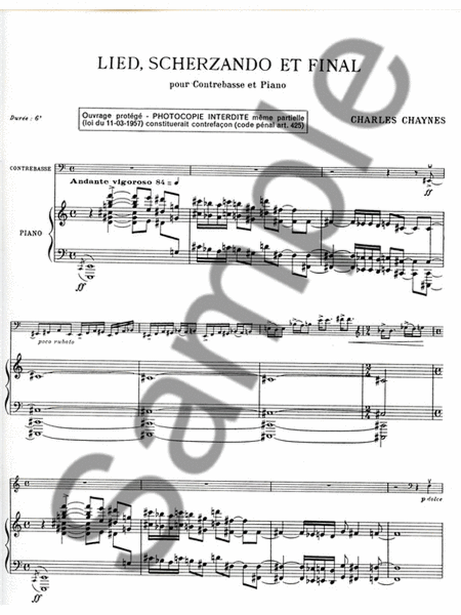 Chaynes Charles Lied Scherzando Et Final Double Bass & Piano Book