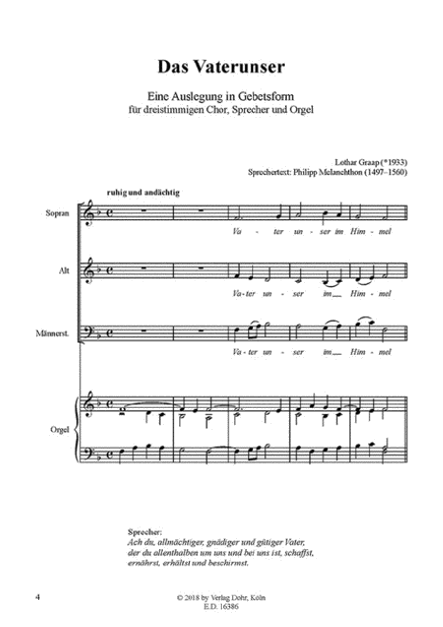 Vaterunser -Eine Auslegung in Gebetsform für dreistimmigen gemischten Chor, Sprecher und Orgel- 3-Part scores gallery preview page 2