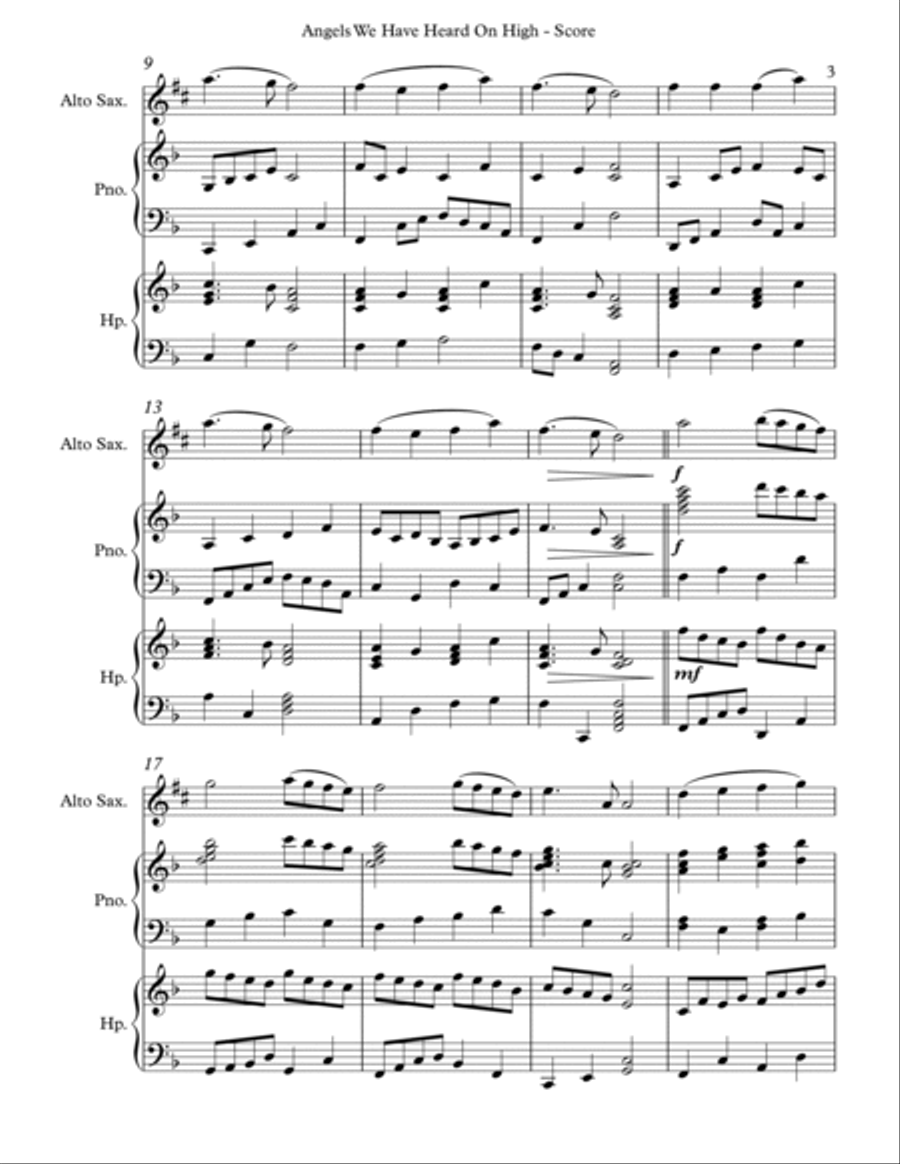 Angels We Have Heard On High, Trio for Eb Alto Saxophone, Harp and Piano Alto Saxophone scores gallery preview page 3