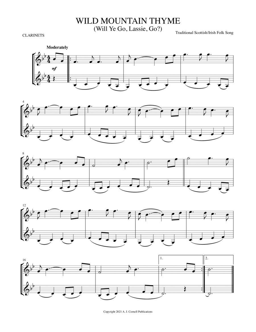Wild Mountain Thyme (Will Ye Go, Lassie, Go?) Clarinet Duet scores gallery preview page 1