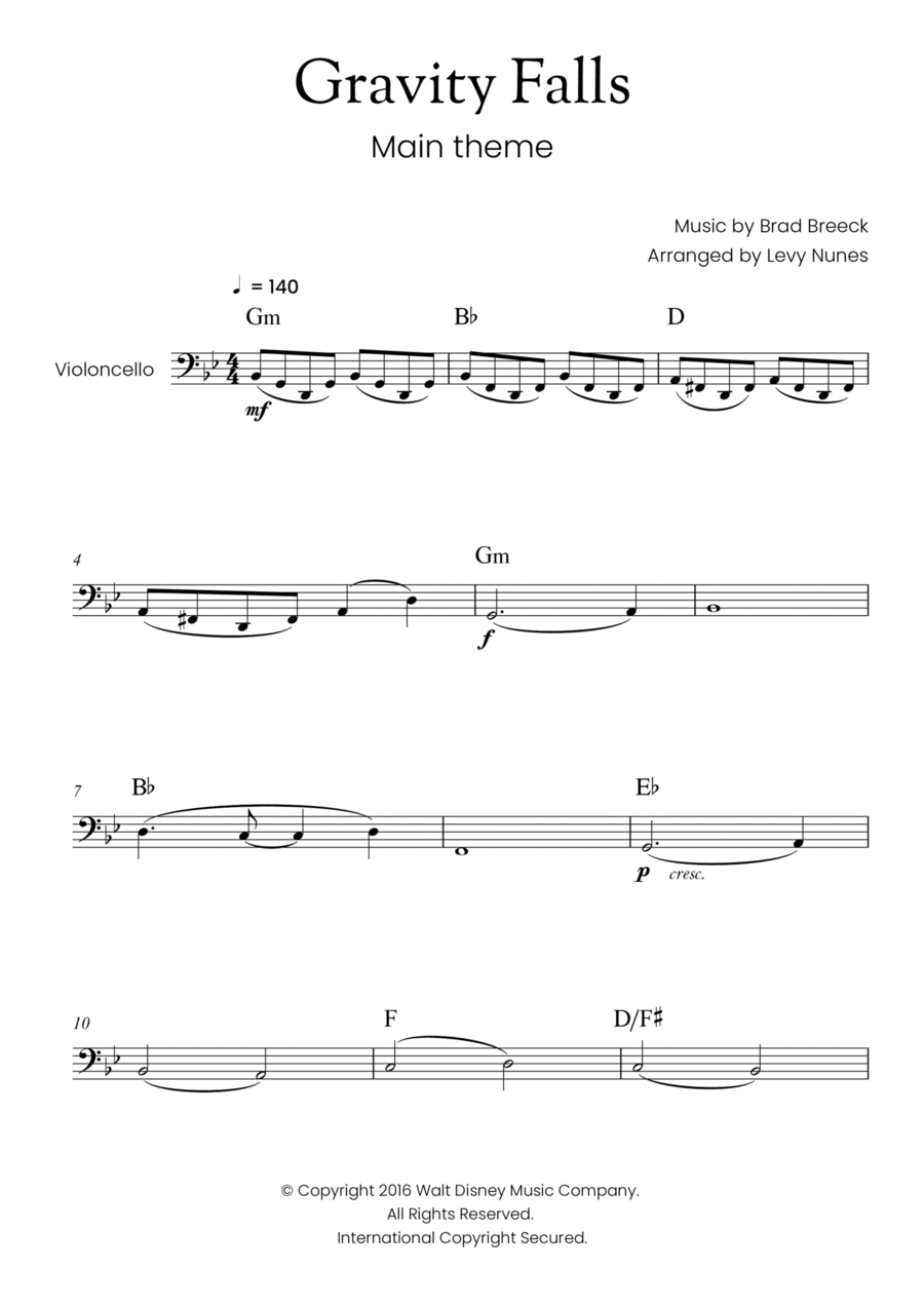 Gravity Falls (main Theme) Cello Solo scores gallery preview page 1