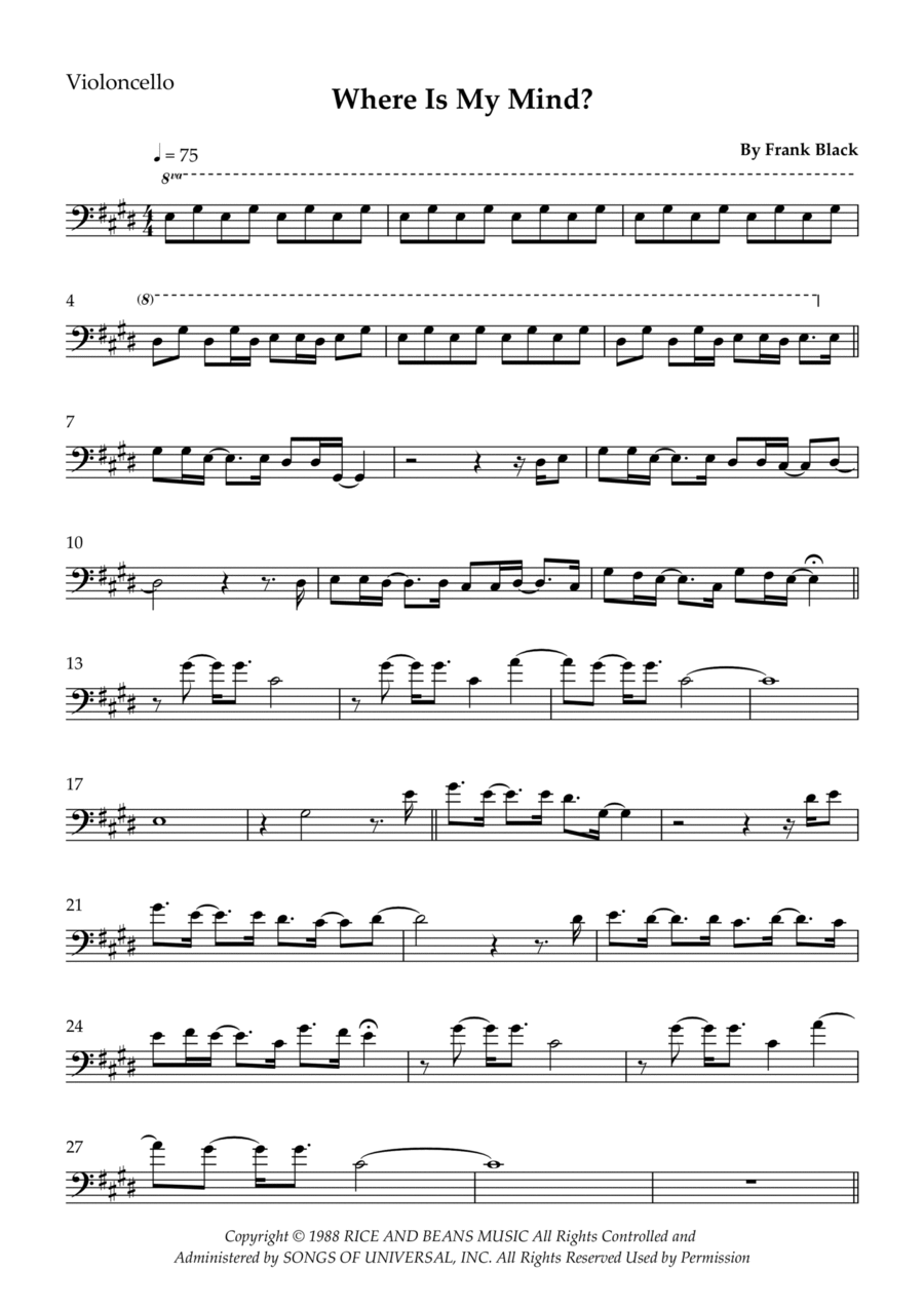 Where Is My Mind? Cello Solo scores gallery preview page 1