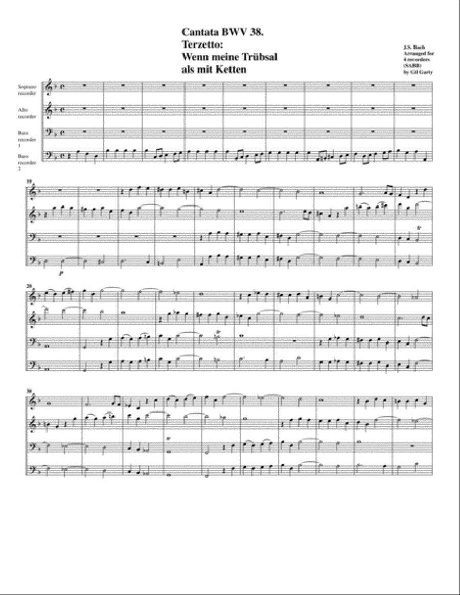 Wenn meine Trübsal als mit Ketten from Cantata BWV 38 (arrangement for 4 recorders) Recorder scores gallery preview page 1