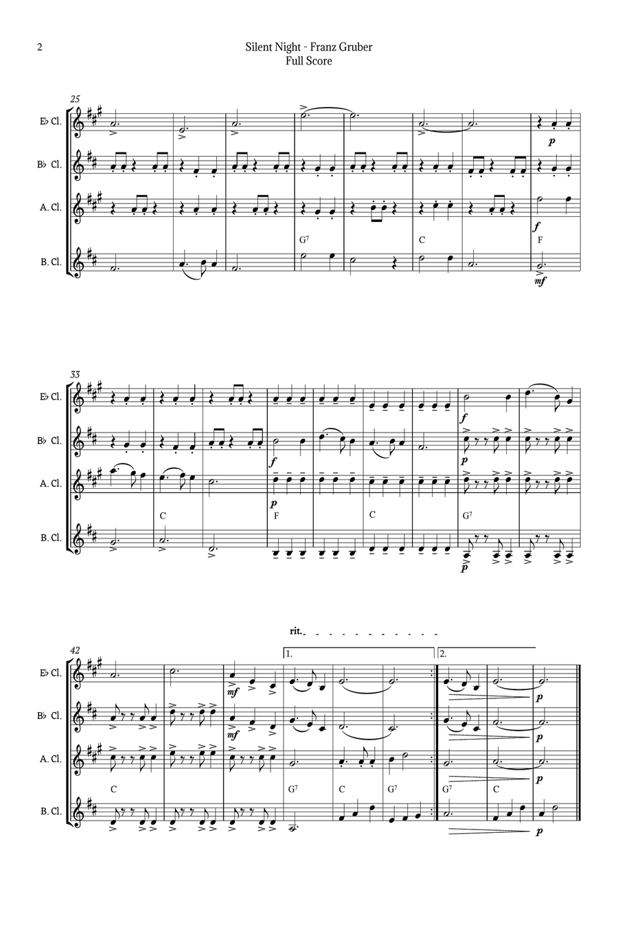 Silent Night for Clarinet Ensemble Quartet Clarinet Quartet scores gallery preview page 2