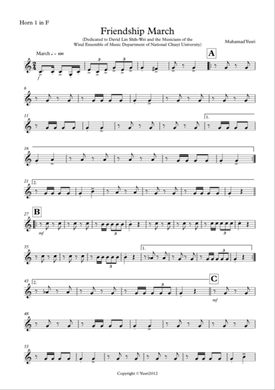 Friendship March (Horn 1 in F Part) Concert Band scores gallery preview page 1