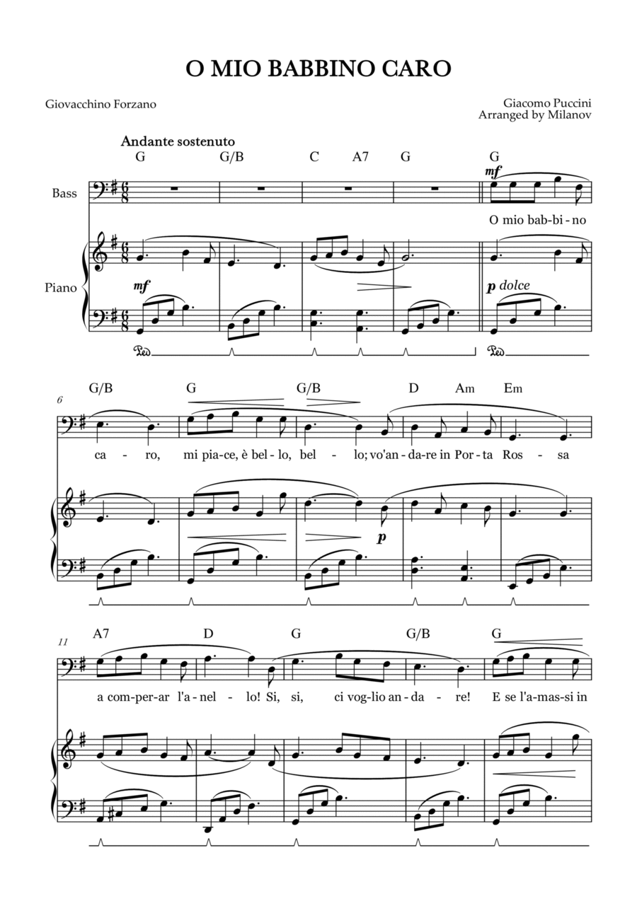 O Mio Babbino Caro | Male Voice Bass | G Major | Piano accompaniment | Pedal | Chords Bass Voice scores gallery preview page 1