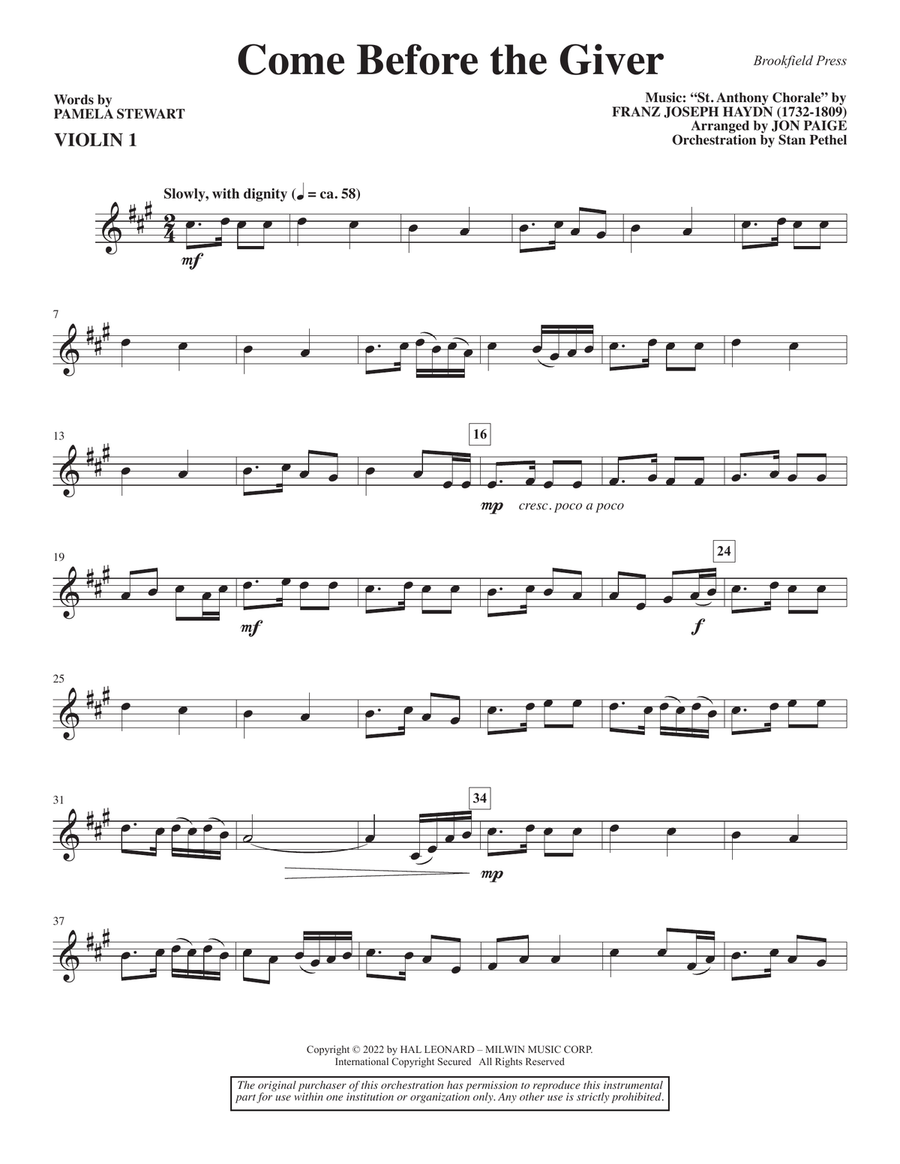 Come Before the Giver (arr. Jon Paige) - Violin 1