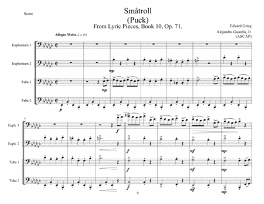 Småtroll (Puck) From Grieg's Lyric Pieces for Tuba-Euphonium Quartet Brass Ensemble scores gallery preview page 1