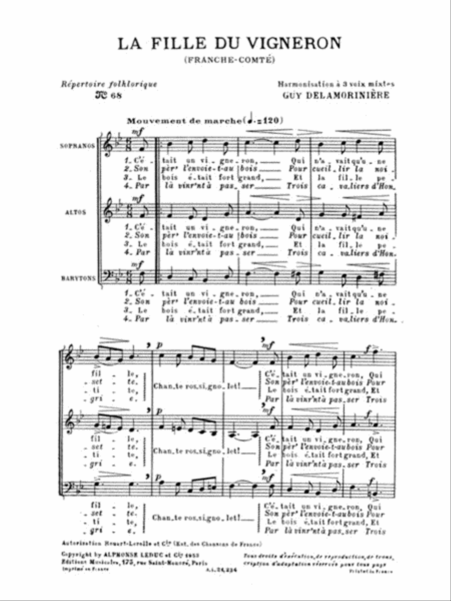 Delamoriniere Repertoire Folklorique No68 La Fille Du Vigneron 3pt Bk Choir scores gallery preview page 1