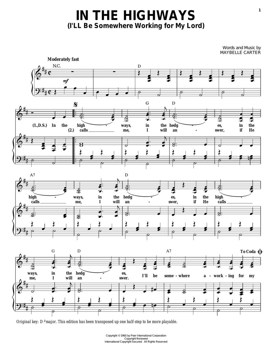 In The Highways (I'll Be Somewhere Working For My Lord) Piano, Vocal scores gallery preview page 1