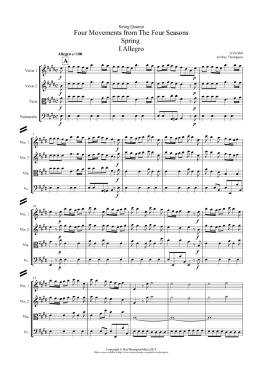Vivaldi: The Four Seasons (Le quattro stagioni): A 4 Mvt. suite (easier/abridged) - string quartet String Quartet scores gallery preview page 1