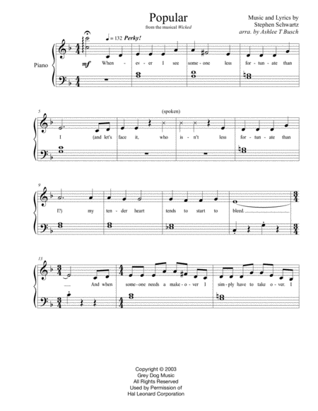 Popular from Wicked for Piano  Digital Sheet Music