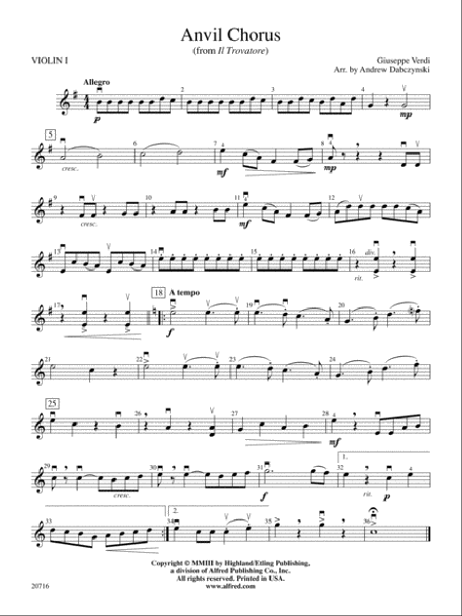 Anvil Chorus (from Il Trovatore): 1st Violin String Orchestra scores gallery preview page 1