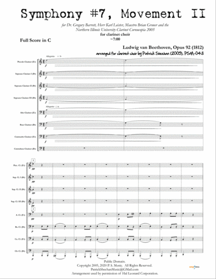 Symphony #7, Movement II [Beethoven] for clarinet choir (full score & set of parts)