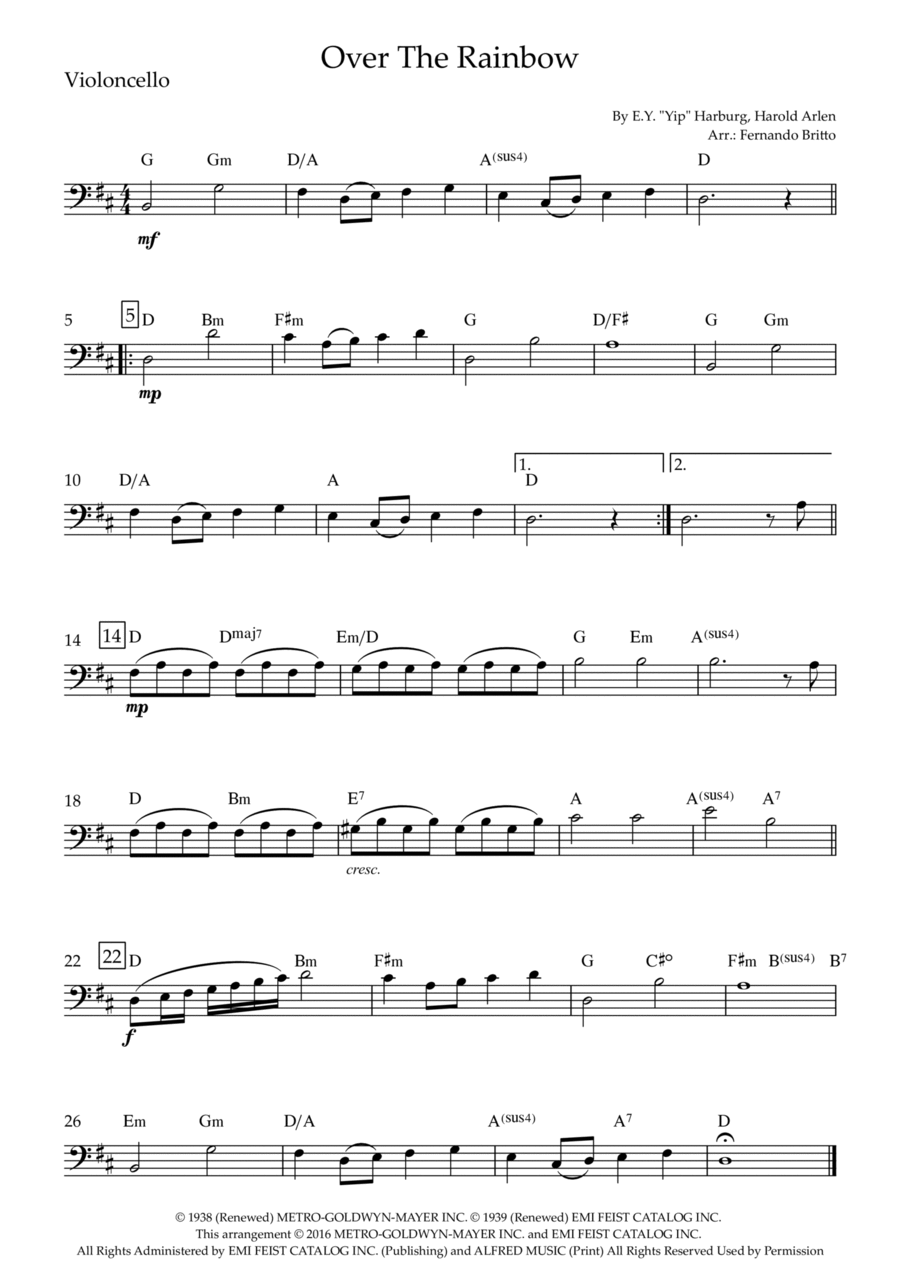 Over The Rainbow Cello Solo scores gallery preview page 1
