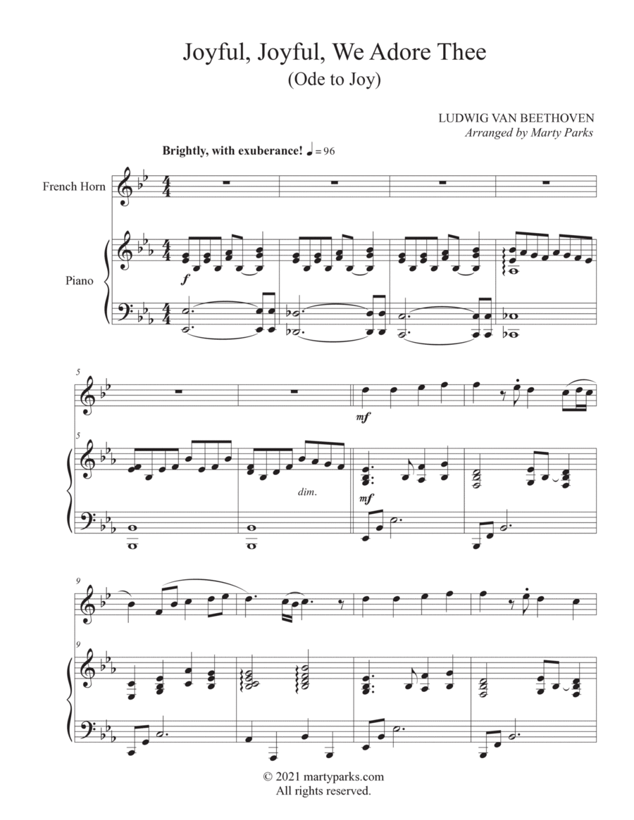 Joyful, Joyful, We Adore Thee (French Horn - Piano) Horn scores gallery preview page 1