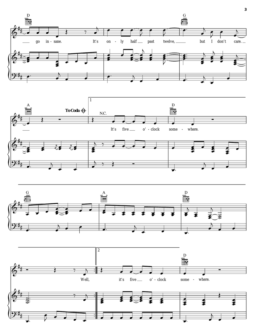 It's Five O'Clock Somewhere Piano, Vocal, Guitar scores gallery preview page 3