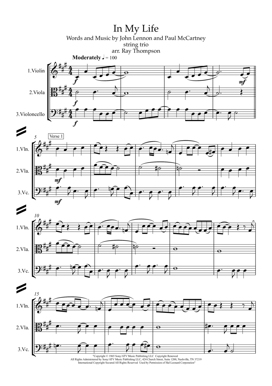 In My Life String Trio scores gallery preview page 1