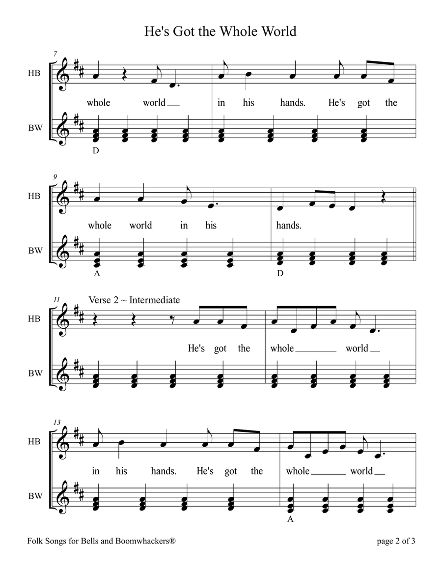 He's Got the Whole World In His Hands (for 13-note Bells and Boomwhackers, Black and White Notes) Handbell Choir scores gallery preview page 6
