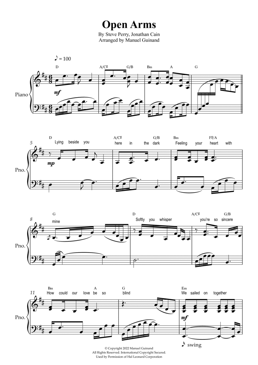 Open Arms Piano Solo scores gallery preview page 1
