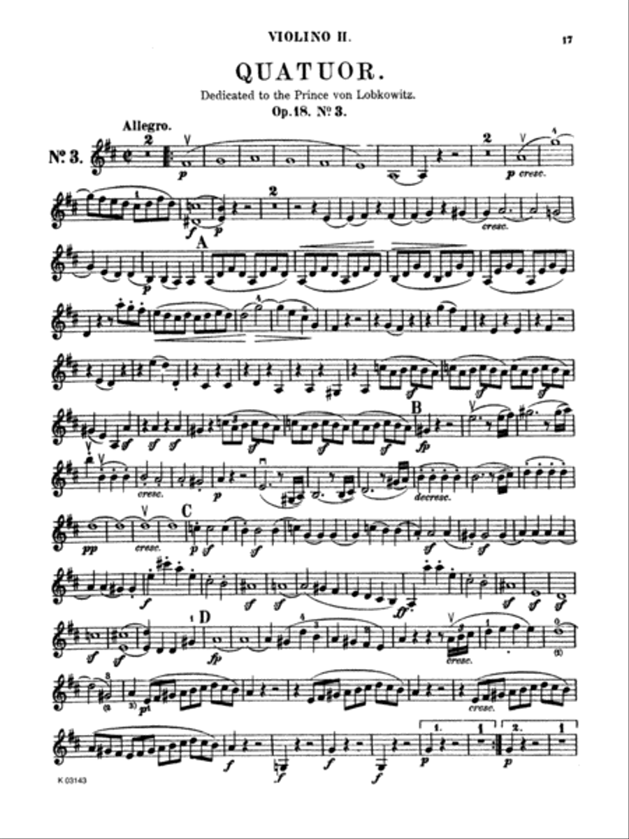 Beethoven: String Quartet, Op. 18 No. 3 by Ludwig van Beethoven String Quartet - Digital Sheet Music