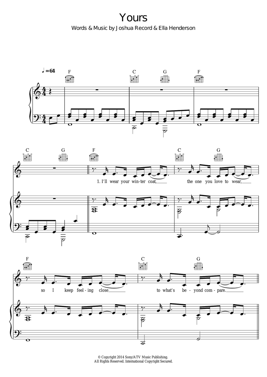 Yours Piano, Vocal, Guitar scores gallery preview page 1