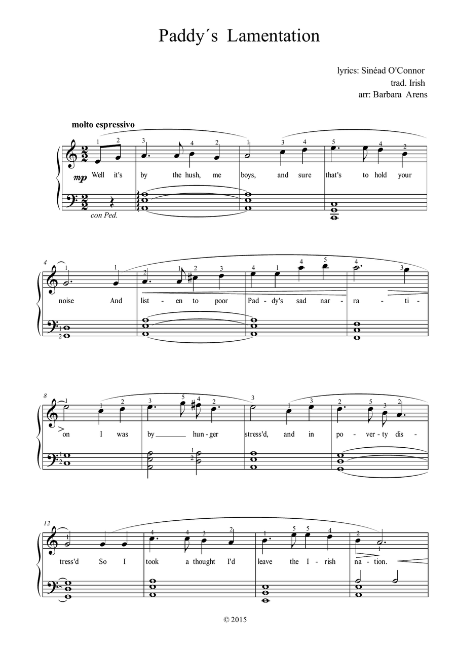 Paddy's Lamentation - with lyrics and fingerings Piano Solo scores gallery preview page 1