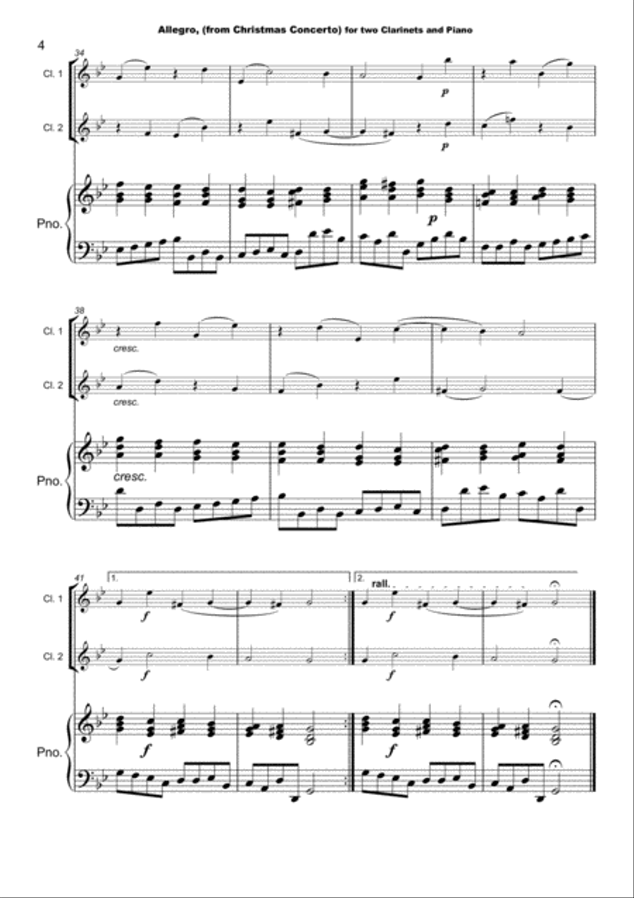 Christmas Concerto, Allegro, by Corelli; for Clarinet Duet or Solo, with optional Piano