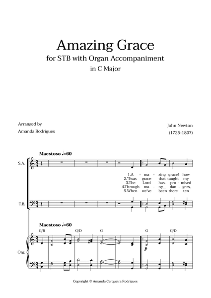 Amazing Grace in C Major - Soprano, Tenor and Bass with Organ Accompaniment and Chords image number null