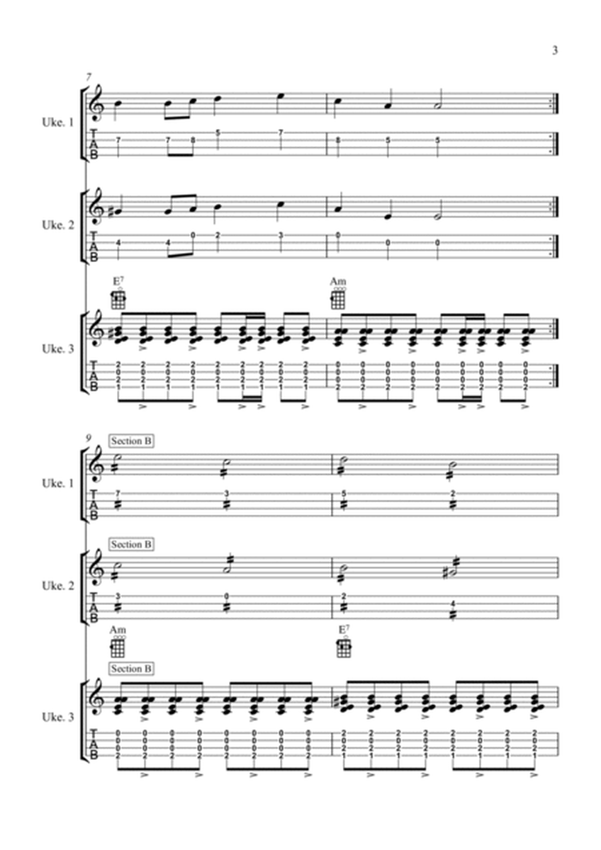 Tetris Theme (Korobeiniki) - 3 Ukulele version with TAB - score and all parts