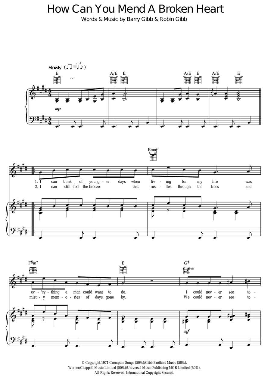 How Can You Mend A Broken Heart Piano, Vocal scores gallery preview page 1