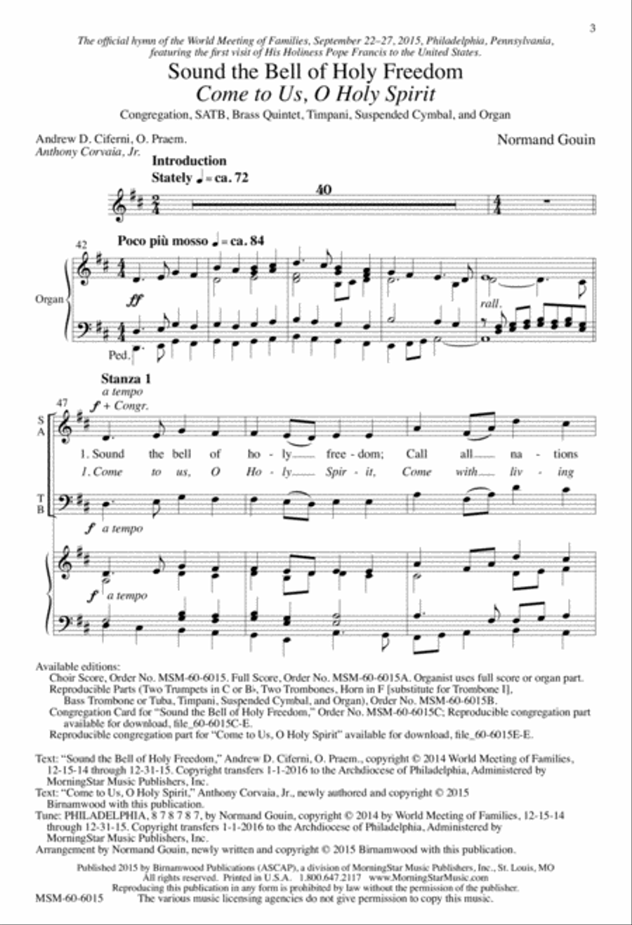 Sound the Bell of Holy Freedom: Come to Us, O Holy Spirit 4-Part scores gallery preview page 3
