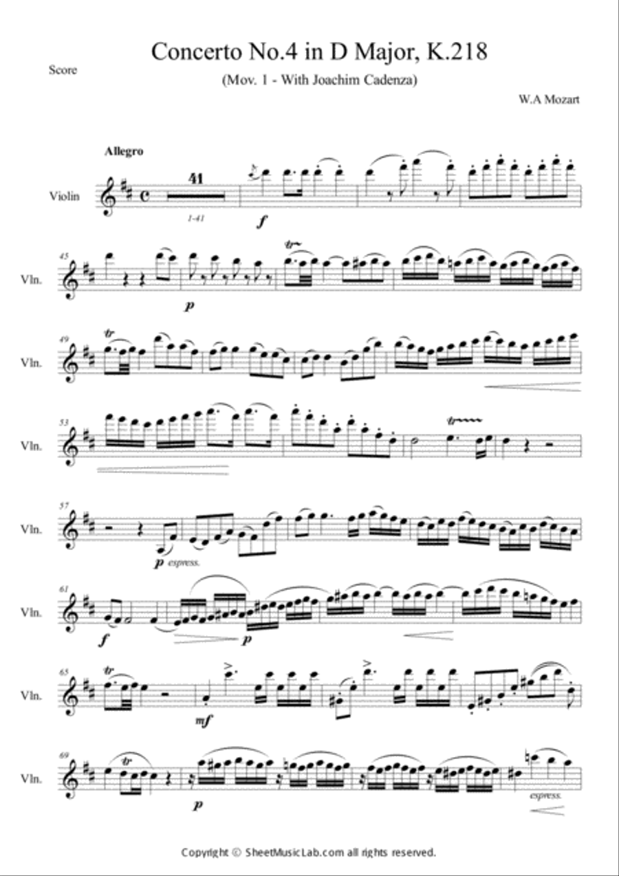 Mozart : Concerto No 4 in D Major K 218 Mov 1 With Joachim Cadenza Violin Solo scores gallery preview page 1