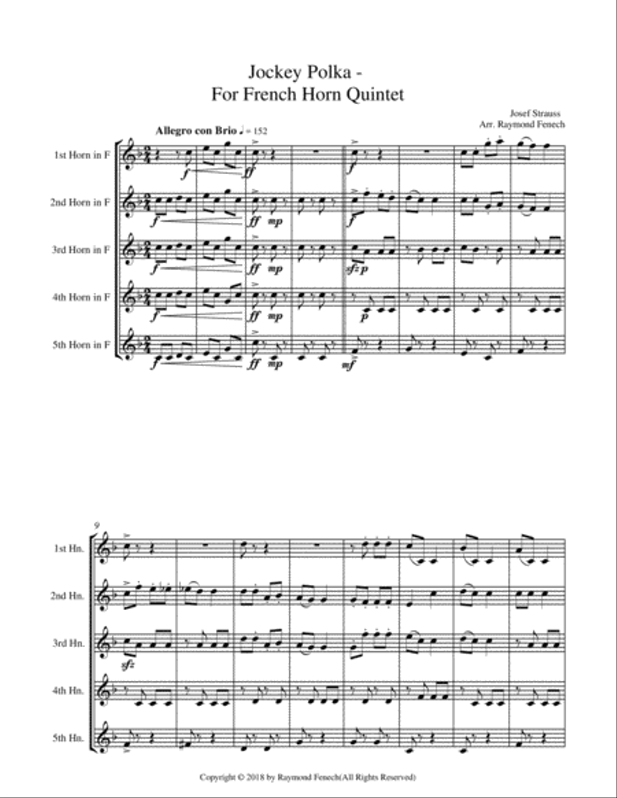 Jockey Polka (Josef Strauss) - for Horn Quintet (5 French Horns) Brass Quintet scores gallery preview page 6