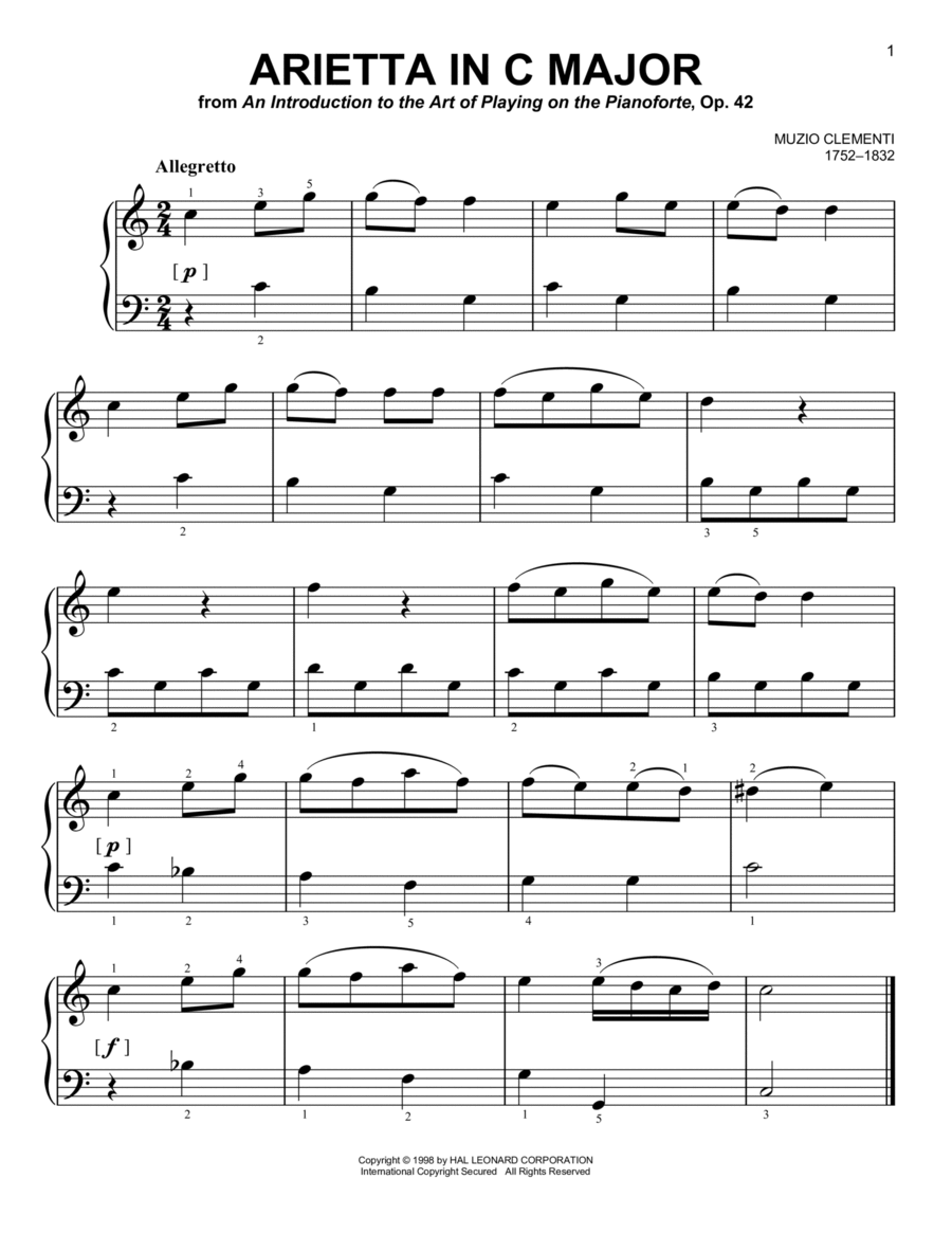 Arietta In C Major Easy Piano scores gallery preview page 1