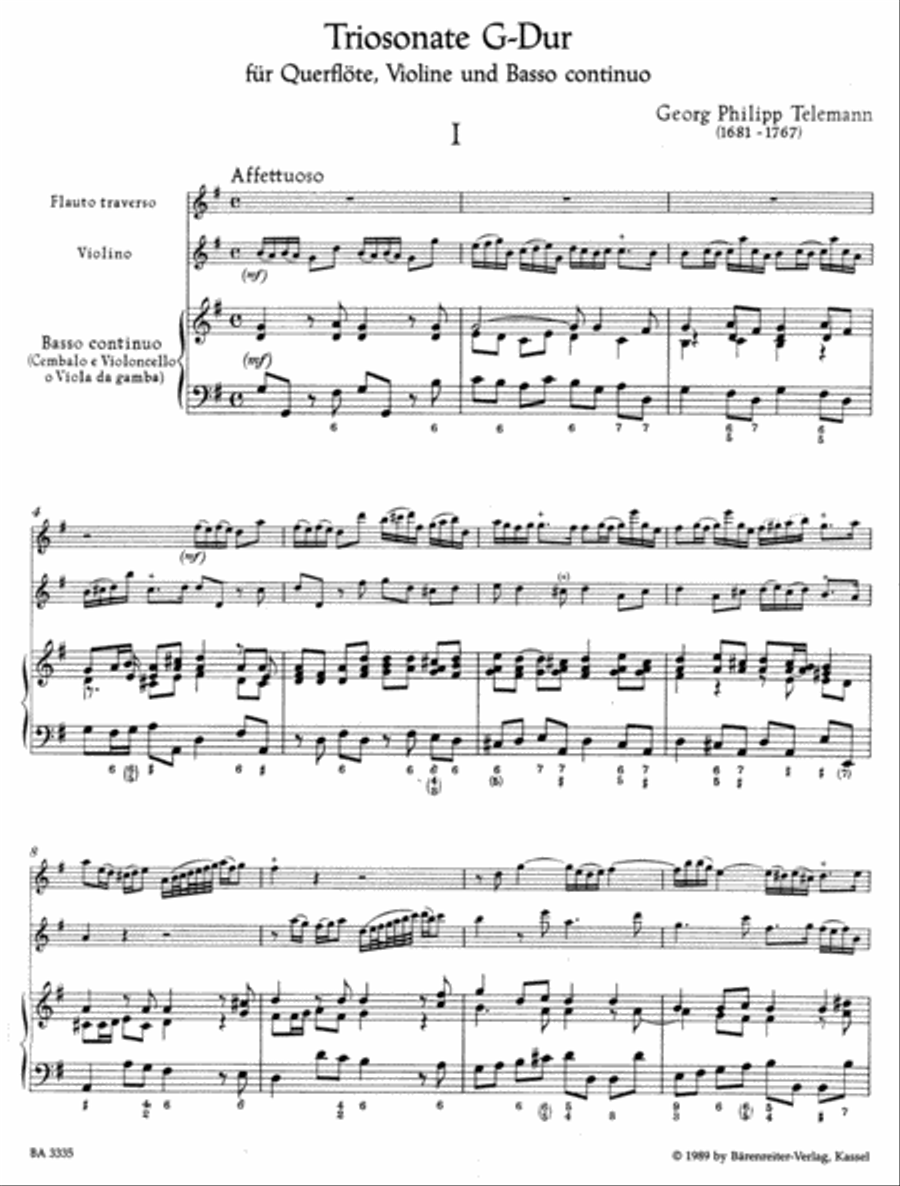 Trio Sonata for Flute, Violin and Basso continuo G major TWV 42:G1 Flute scores gallery preview page 2