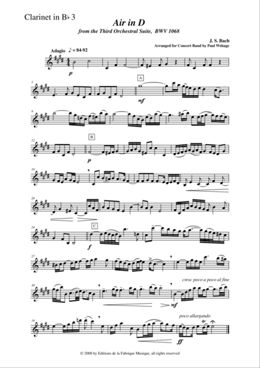 Johann Sebastian Bach/Wehage, Air in D from the Third orchestral suite, BWV 1068 arranged for concer Concert Band scores gallery preview page 1