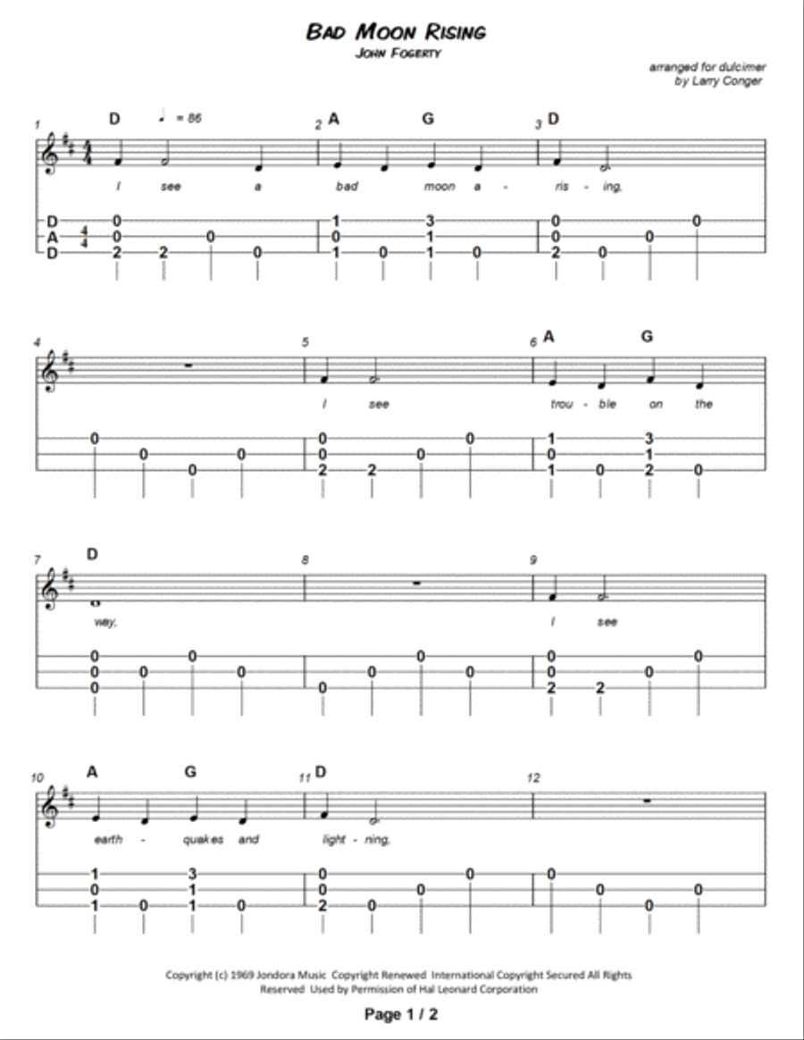 Bad Moon Rising Dulcimer scores gallery preview page 2
