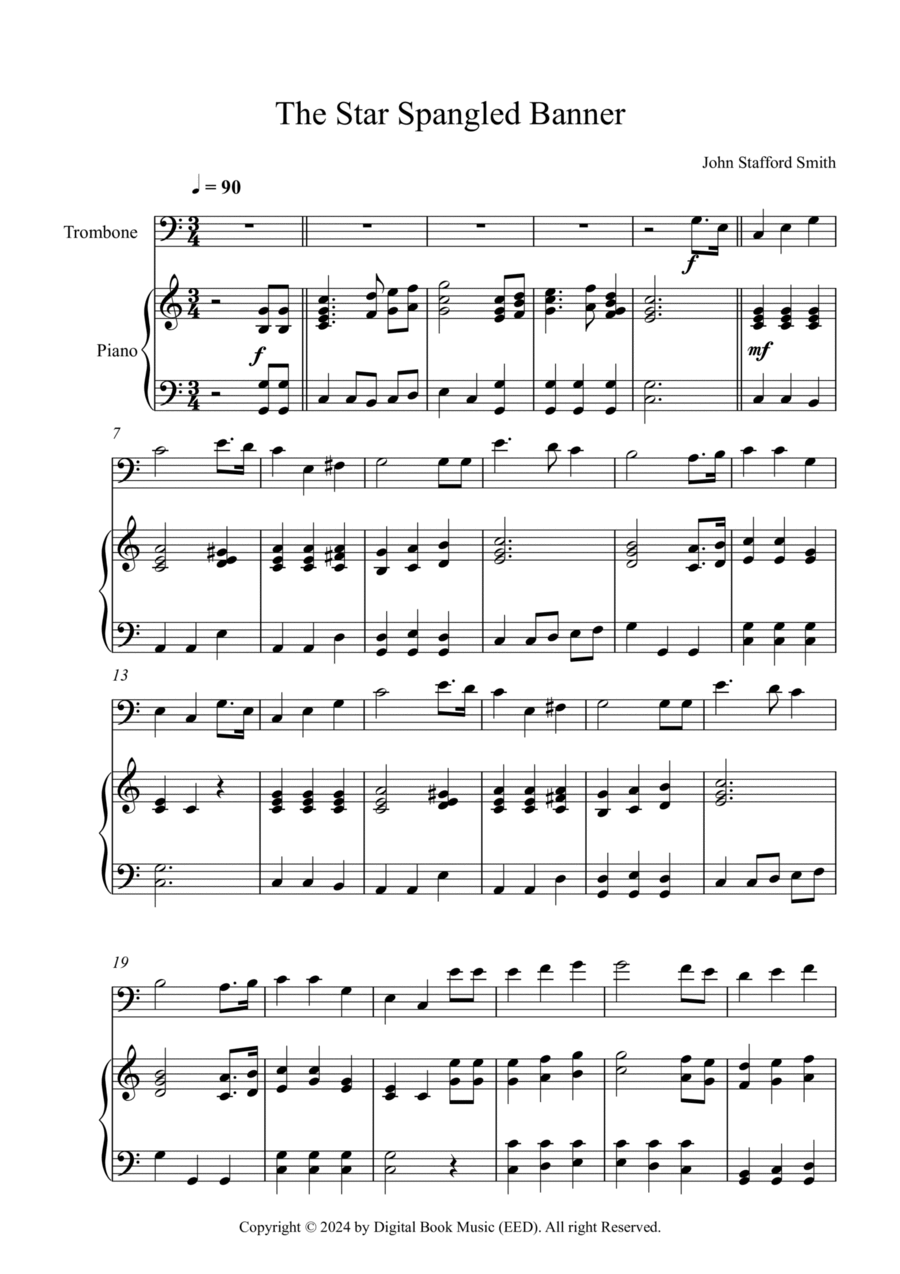 The Star Spangled Banner - John Stafford Smith (Trombone + Piano) Easy Piano scores gallery preview page 1