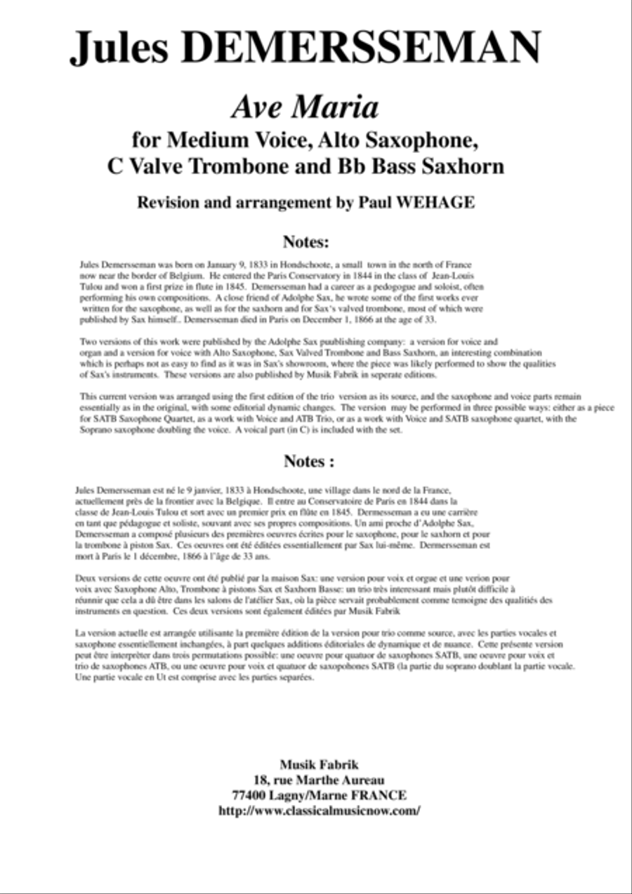 Jules Demersseman : Ave Maria for medium voice, alto saxophone, valve trombone and Bb bass saxhorn Small Ensemble scores gallery preview page 1