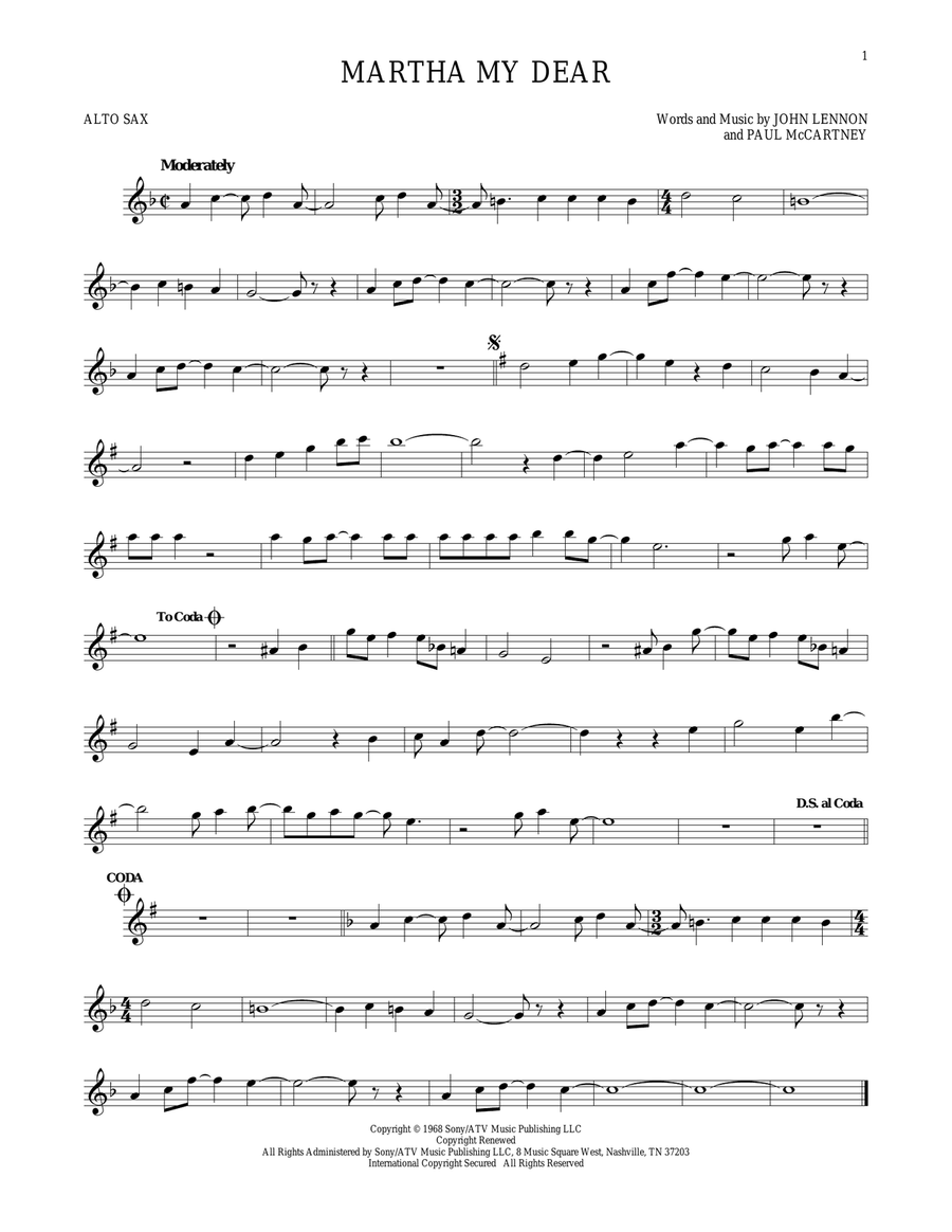 Martha My Dear Alto Saxophone scores gallery preview page 1