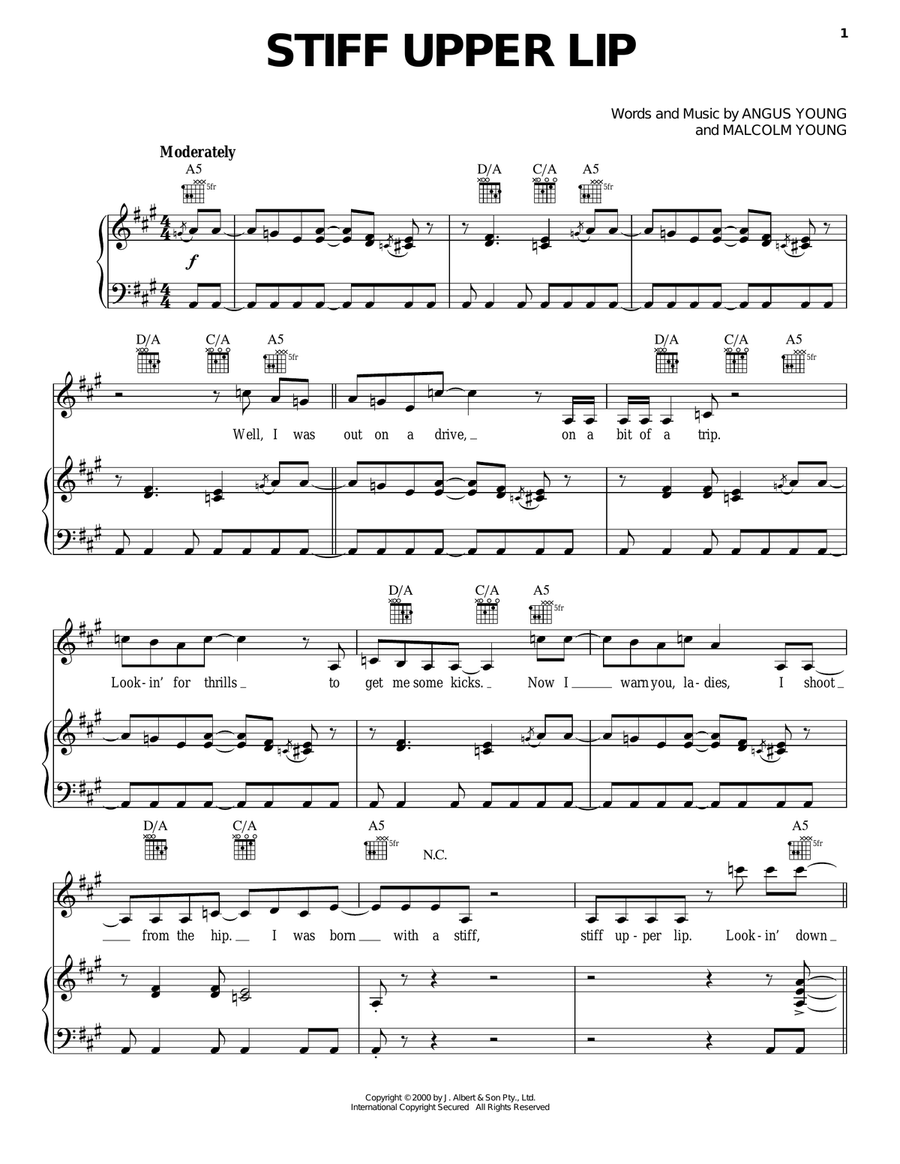 Stiff Upper Lip Stiff Upper Lip Piano, Vocal, Guitar scores gallery preview page 1